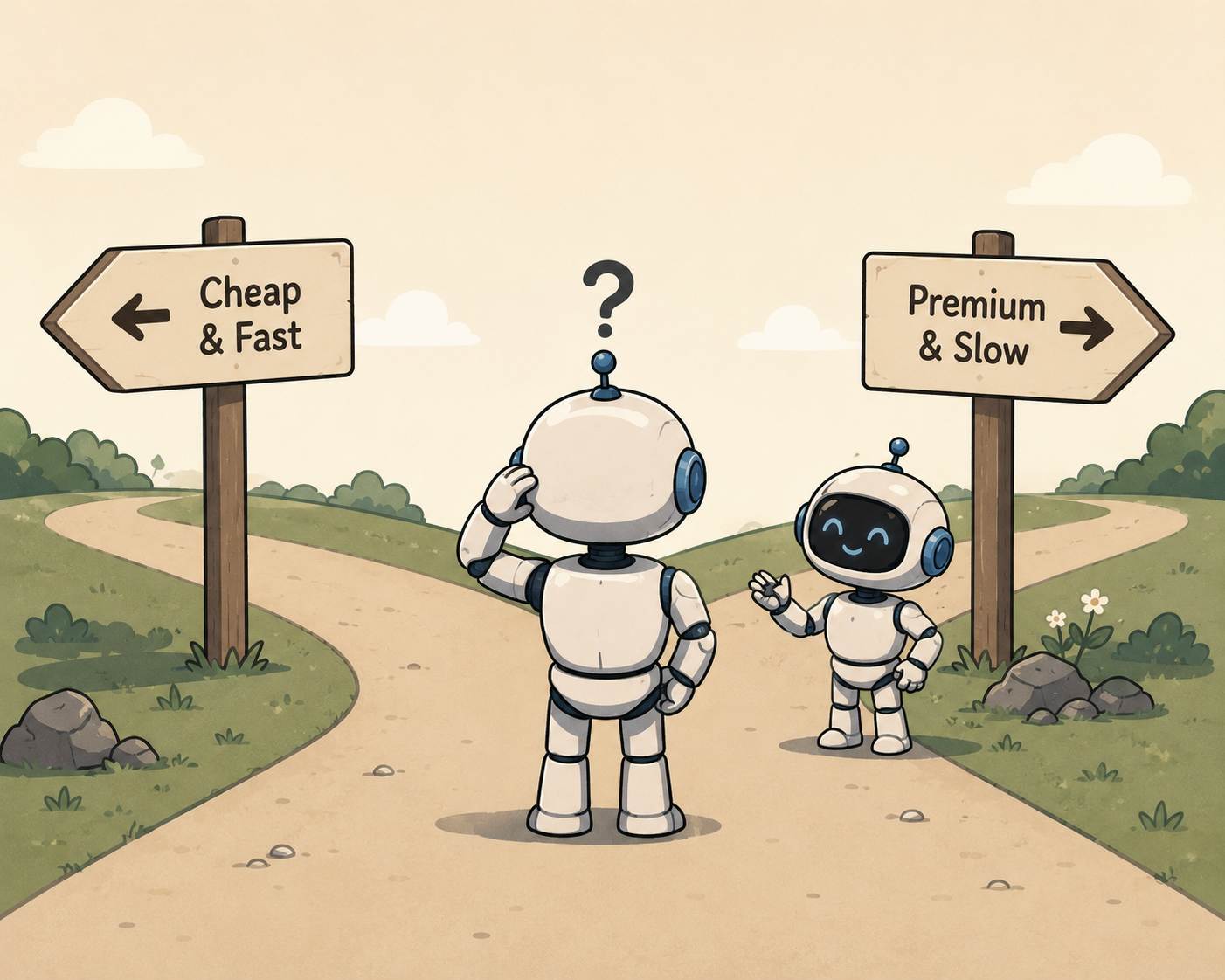 A robot at a crossroads choosing between a Cheap & Fast path and a Premium & Slow one