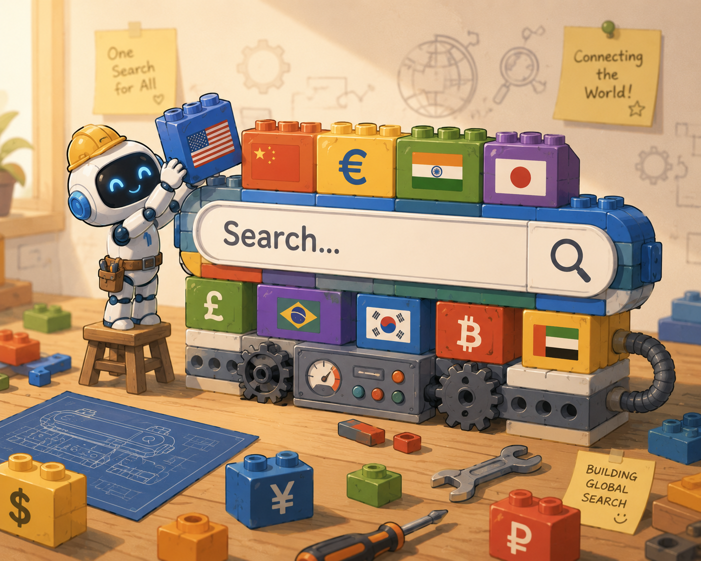A robot assembling a search bar out of building blocks marked with different country flags and currencies